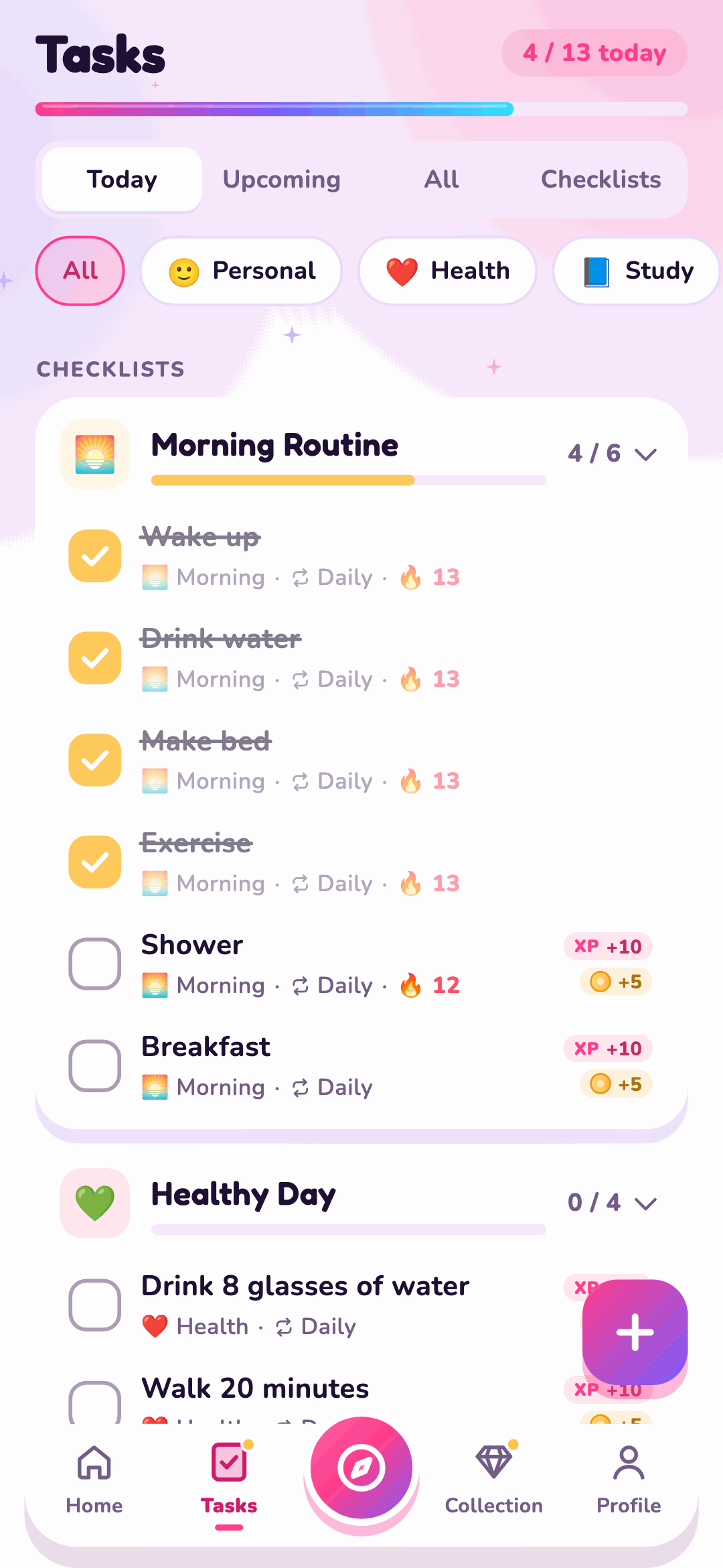 Awana Tasks screen with checklists and repeat rules